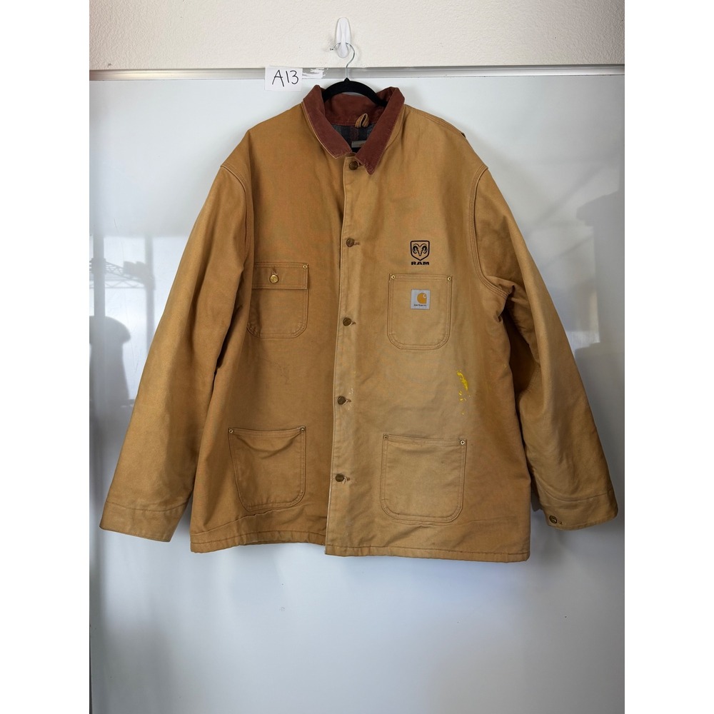 Carhartt Mens RAM Dodge Embroidered Duck Canvas Chore Coat Jacket Tan Brown